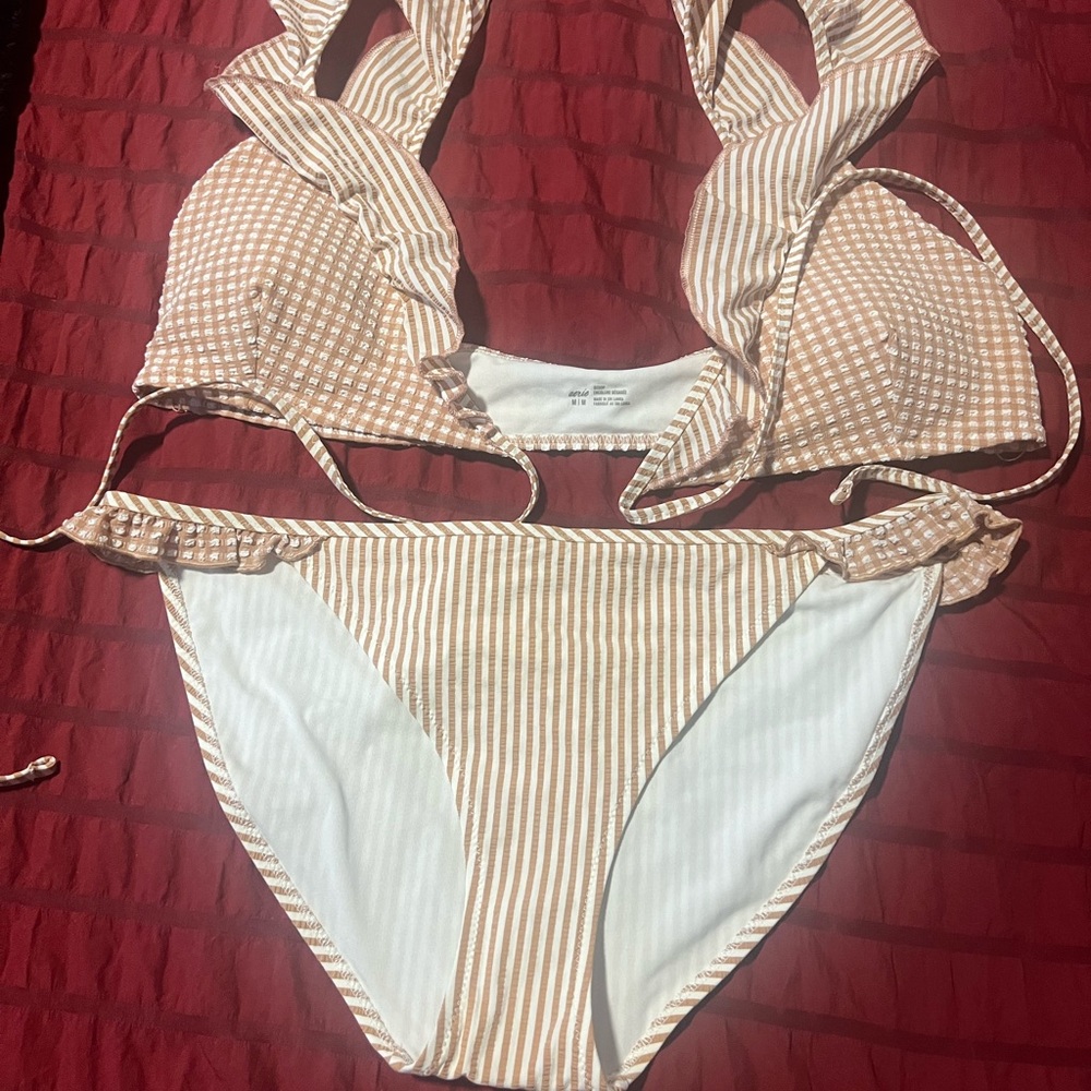 Aerie Light Brown and Cream Bikini Top and Bottom